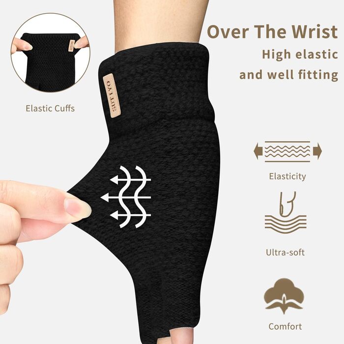 Рукавички без пальців SUTIYO для чоловіків та жінок, кашемірові, теплі, чорні - ідеальні для водіння, велоспорту та роботи