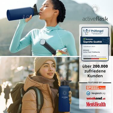 Фляга для води ACTIVE FLASK з соломкою (3 кришки) 950 мл, нержавіюча сталь, BPA-free, без витоку, для напоїв з газом, ізольована, спортивна, дитяча, синій Navy Blue