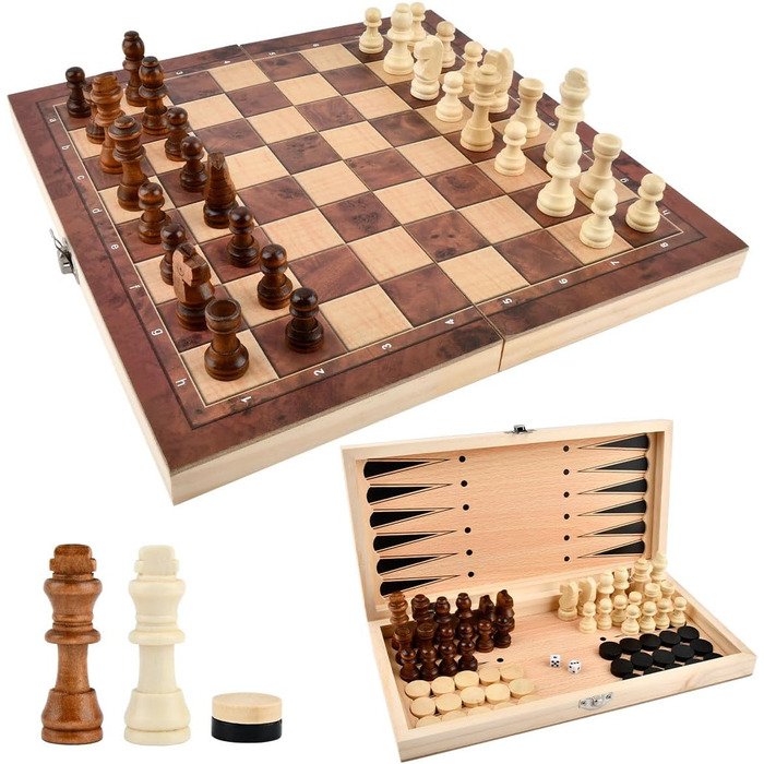 Шаховий набір дерев'яний 3 в 1, 29x29 см: шахи, шашки, шашки-кірпічі. Складаний, портативний, для подорожей, сім'ї, вечірок. Преміум якість.