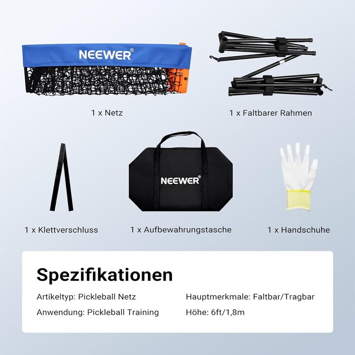 Сітка для піклболу NEEWER 6ft - широка сітка для бадмінтону, портативна, складна, для тренувань в приміщенні та на вулиці