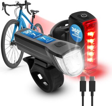 Велосипедний ліхтар FISCHER Twin Set: 360° підсвічування, LED, 30 Lux, USB-C, акумуляторний, для передньої та задньої частини велосипеда