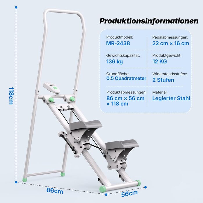 MERACH Степер для дому 2025 - вертикальний тренажер для кардіо та загальної фізичної підготовки, компактний, складний, з регульованою висотою кроку та ручками (2438G2)