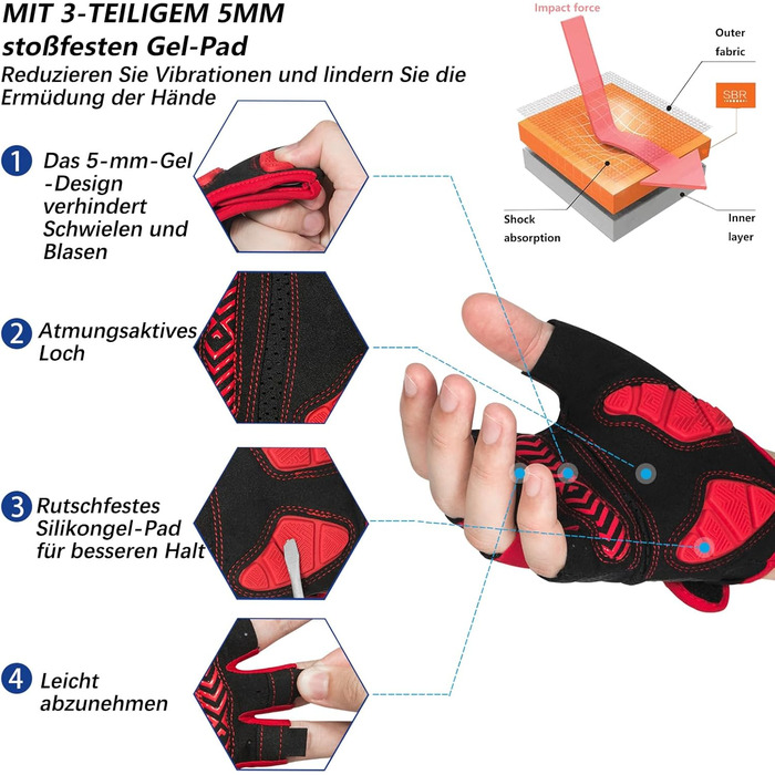 Велосипедні рукавички MOREOK для чоловіків та жінок, літні, напівпальцеві, 5 мм SBR гель, протиковзкі, амортизуючі, для гірського велосипеда, шосе та даунхілу, червоні