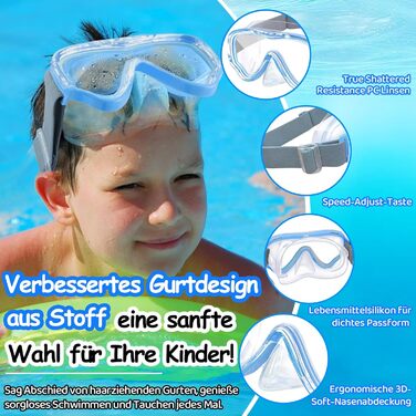 Дитячі маски для снорклінгу Vvinca: маска для плавання з тканинним ремінцем, 180° панорама, анти-тік, для дітей 3-13 років (блакитний)