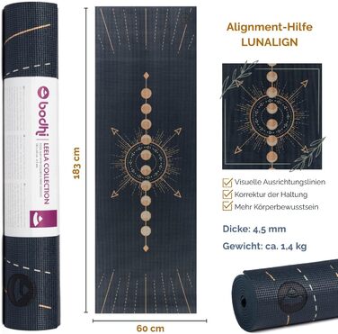 Йога мат Bodhi Leela Collection | Нековзна спортивна мат | Безпечна та миюча мат | PVC мат для йоги, пілатесу та гімнастики (Lunalign, темно-синій)