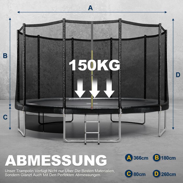 Трамплін JUMMICO Outdoor для дітей з драбиною та боковою кишеню (діаметр 366 см, чорний), сертифікований GS