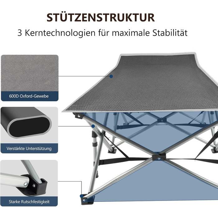Розкладне ліжко Bonnlo для кемпінгу з матрацом – ліжко для риболовлі, відпочинку на природі, у саду, на пляжі, 190×71x36 см, сірий
