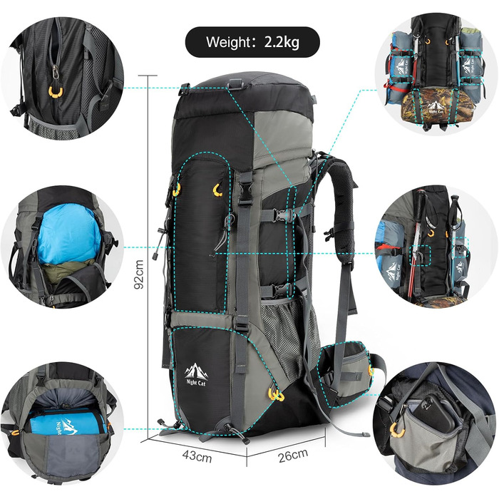 Рюкзак Night Cat 90L для трекінгу, подорожей і кемпінгу, чоловічий/жіночий, дихаючий, чорний