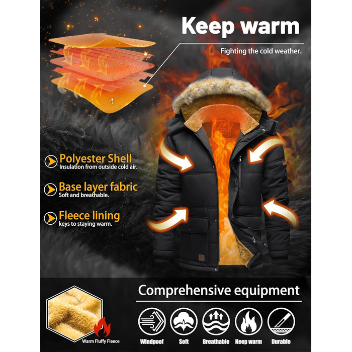 Чоловіча зимова куртка TACVASEN: водонепроникна, вітронепроникна, з капюшоном, чорна, 3XL