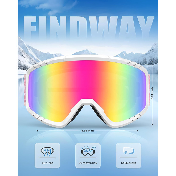 Лижні окуляри Findway для катання на сноуборді та лижах, OTG для окулярів, захист від UV та запотівання, рожеві, унісекс