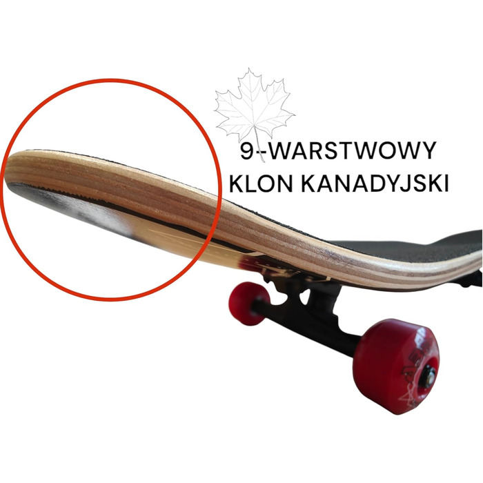 Скейтборд дорослий Holz (дерево) з підшипниками ABEC-9, 80x20 см, червоний - для скейтпарку та трюків