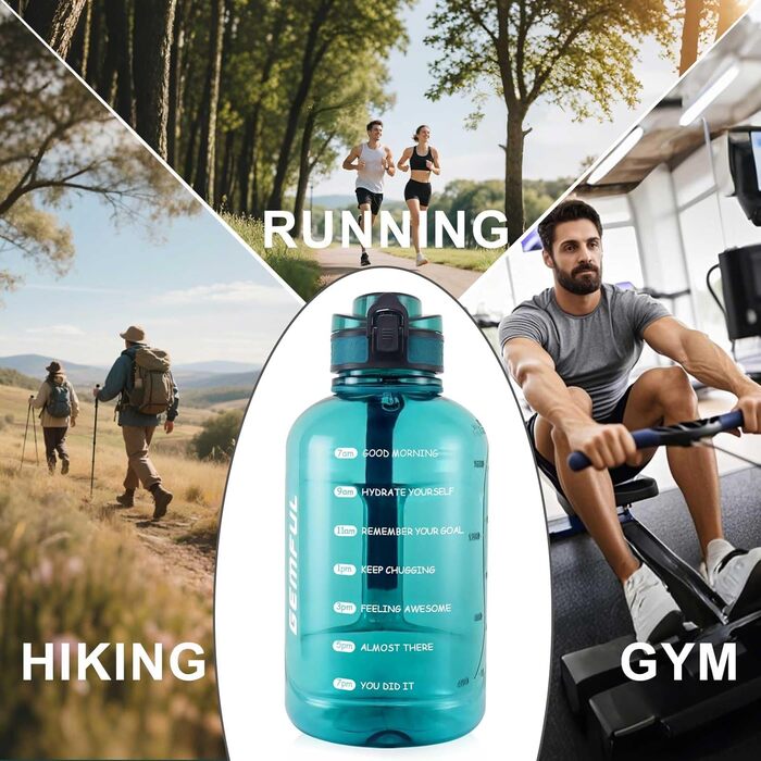 Фляга спортивна 2л GEMFUL з мітками часу - BPA Free, без витоку, з ручкою для фітнесу, офісу та відпочинку на природі