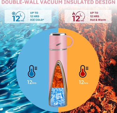 Термос IAGORYUE з нержавіючої сталі, 0,55 л, з герметичним кришкою та ручкою, подвійні стінки, зберігає тепло/холод до 12 годин, для спорту, офісу, відпочинку на природі (Рожевий)