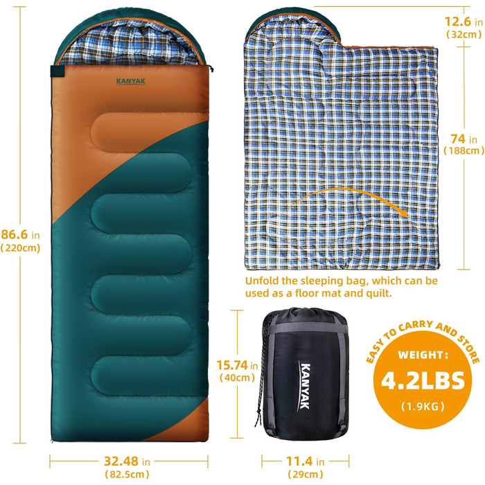 Спальний мішок для кемпінгу, дорослих, дітей та підлітків, 3-4 сезони, холодний клімат, зелений та помаранчевий кольори