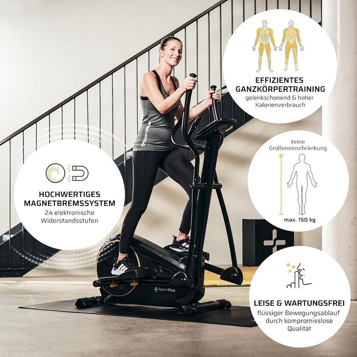 Еліптичний тренажер SportPlus для дому - тихий крос-тренажер з магнітним опором та комп'ютером - компактний та щадячий для суглобів з 24 рівнями опору - до 150 кг, чорний/сонячний (сумісний з додатком & новий дизайн)