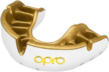 Охоронна капа OPRO Gold для дорослих і дітей, для боксу, MMA, хокею, лакросу та контактних видів спорту, біло-золота, розмір для дорослих (10+), підвищений комфорт
