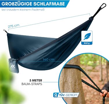 Гамак NORDMUT® Ultraleicht Outdoor з комплектом кріплень. Гамак для кемпінгу, відпочинку на природі та в саду. Максимальне навантаження 300 кг. Зелений (140x275 см, Синій)