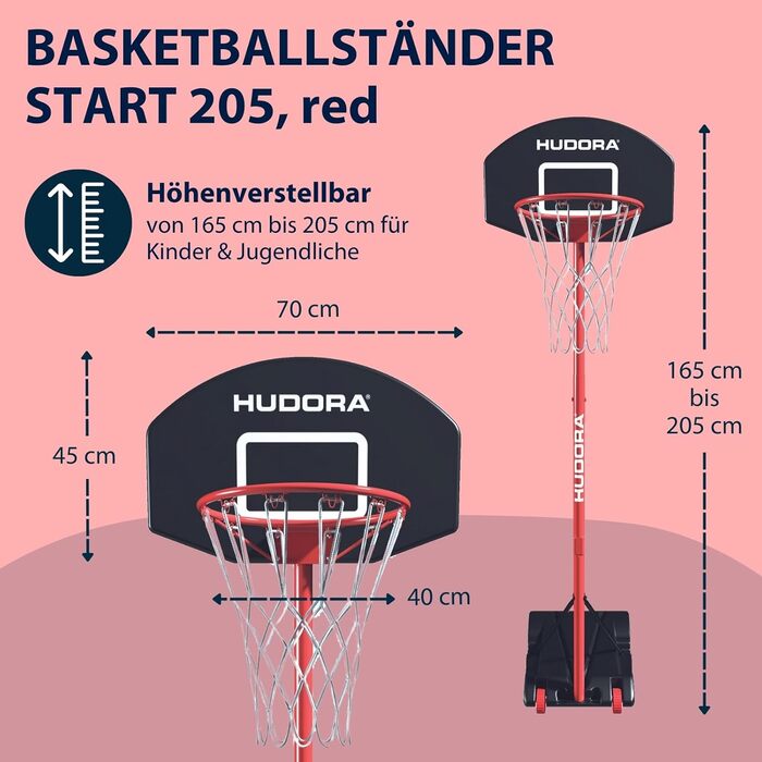 Баскетбольна стійка HUDORA Start 205 см, червона, для підлітків