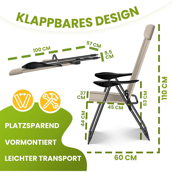 Крісла садові KESSER® 2 шт. Розкладні, з високою спинкою, алюмінієві, 7 положень, з підлокітниками, дихаючі, для балкону, саду, кемпінгу, тераси