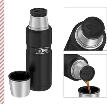 Термос із нержавіючої сталі Thermos 470 мл чорний матовий, ізольована пляшка з чашкою, зберігає тепло до 12 годин, холод до 24 годин, герметичний, без BPA, підходить для посудомийки