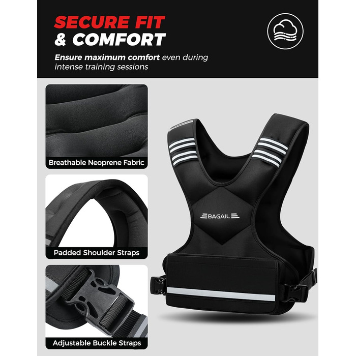 Вага для тренувань BAGAIL: регульована жилетка з відстібними вагами, 1.8-4.5 кг, чорна