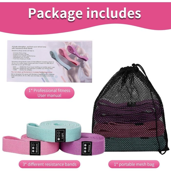 Набір еластичних стрічок для фітнесу (3 шт.), стрічки опору з 3 рівнями, фітнес-стрічки для жінок/чоловіків, силові тренування, йога, пілатес, рожевий