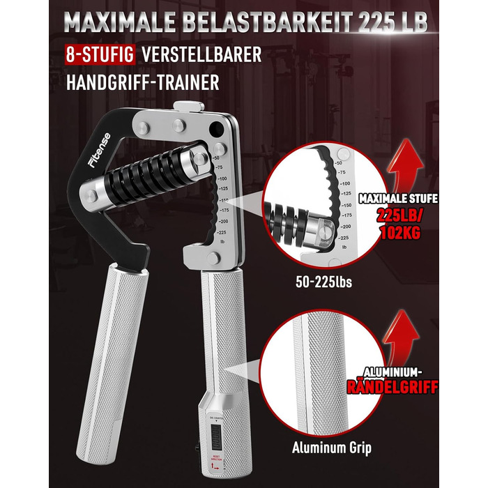 Еспандер для рук та кистей Fitense Handtrainer (50-225LB) - тренажер для розвитку сили хвату, регульований, срібний