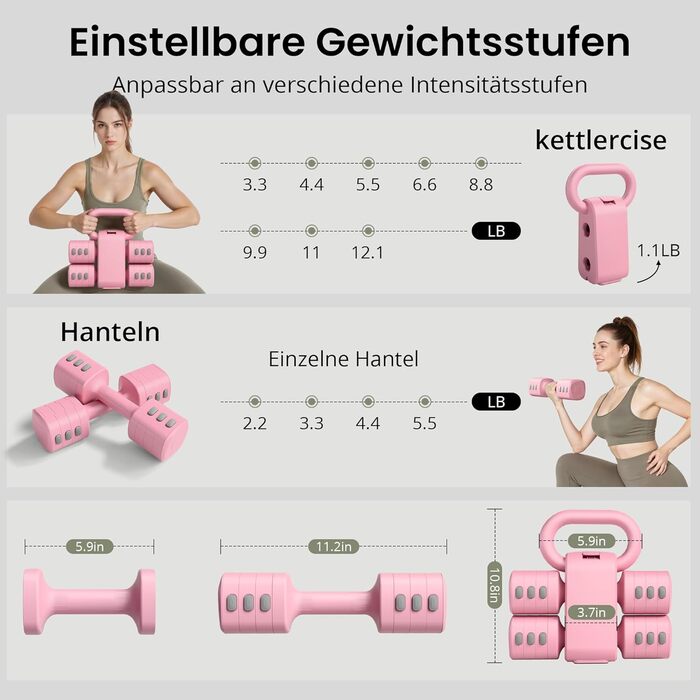 Регульований набір гантелей 2-в-1 для жінок – 4 рівні (1-5,5 кг) – обладнання для фітнесу вдома – зелені гантелі (рожевий)