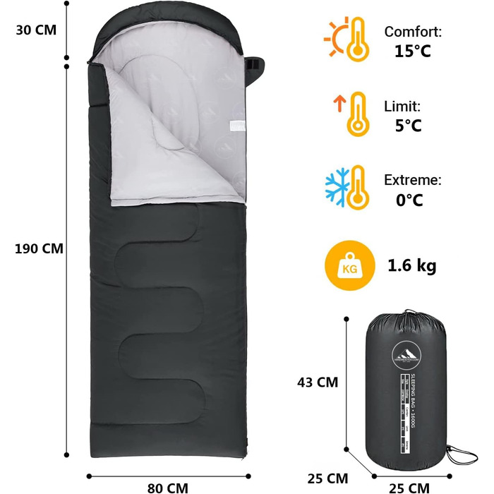 Спальний мішок HikeMeister® Mumienschlafsack 1600 г - для кемпінгу, чорний, 220 x 80 см, з внутрішньою кишенею, комфортна температура 0-15°C, з чохлом для перенесення