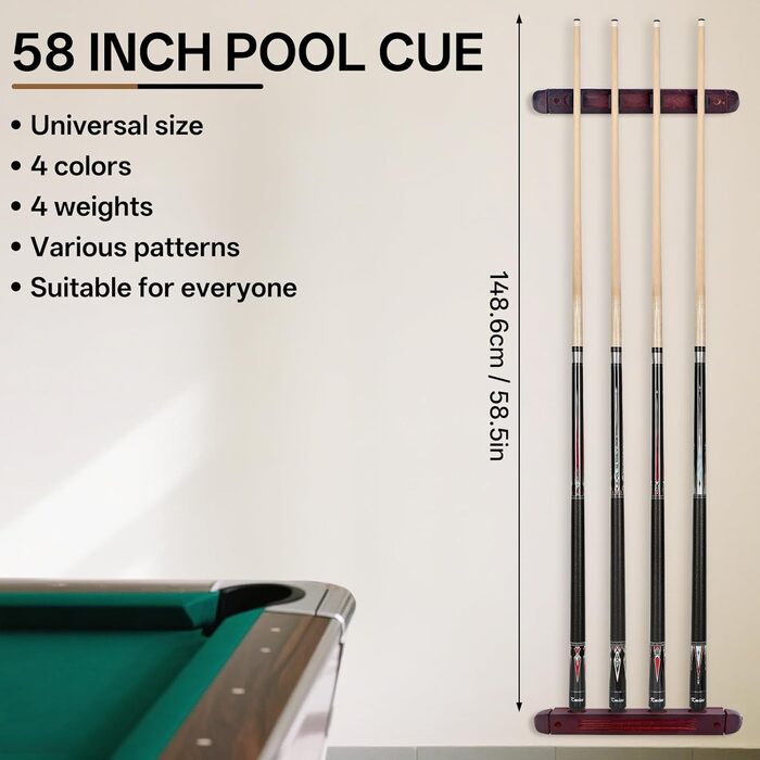 Більярдний кий Kmise Queue-Set 18-21oz з канадського акації, покращений хват, 4 кольори, з крейдою та рукавичкою