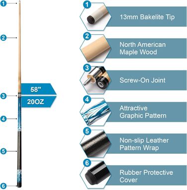 Більярдний кий Pool Queue 58 дюймів з канадського клена, 13 мм наконечник, для професійних гравців, 1/2 кленові кийки, для більярдного столу, 18oz (блакитний 20oz)