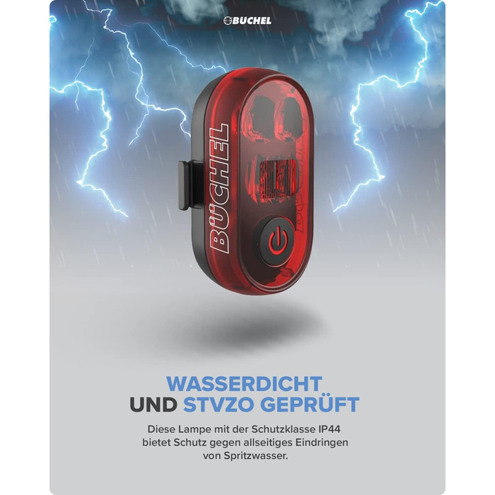 Заднє велоліхтар LED Büchel, акумуляторний, сертифікований StVZO, для велосипеда та електробіка (без функції показу гальмування)