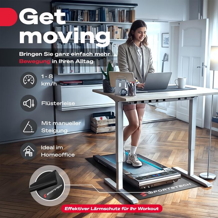 Біговий тренажер Sportstech для дому, 1-8 км/год, під стіл, нахил 11,5%, тихий, з підключенням до додатку, вантажопідйомність 120 кг, компактний, LCD дисплей, сірий sWalk