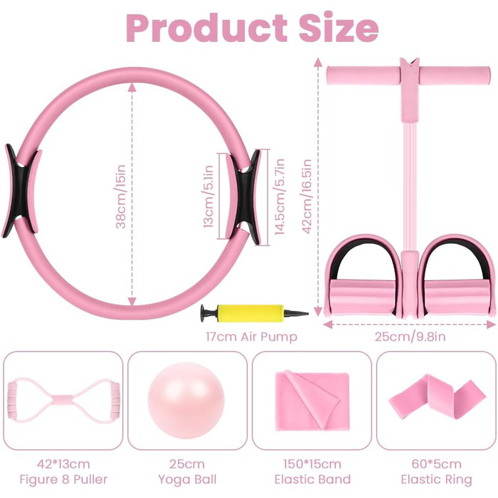 Pilates Ring набір 38 см (Рожевий) з ручками, 6 предметів для йоги, фітнесу, пресу, стегон, ніг