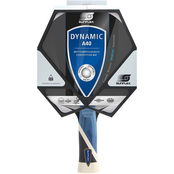 Столівідний тенісний ґратка Sunflex® Dynamic A40 | Змагальний ґратка для настільного тенісу | Покриття Shogun, сертифікований ITTF | Анатомічна форма ручки | Легкий |