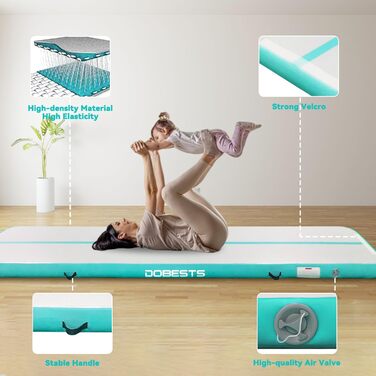 Гімнастичний мат DOBESTS Airtrack 600x100x10 см, зелений, з насосом і сумкою, надувний мат для дому, спортзалу, йоги, фітнесу, тумблінгу, висота 10/20 см, довжина 2-8 м