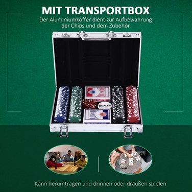 Набір для покеру HOMCOM: 200 фішок, 2 колоди карт, 5 кубиків, алюмінієвий кейс. Розміри: 29,5 x 20,5 x 6,5 см. Матеріал кейсу: алюміній + пінополістирол.