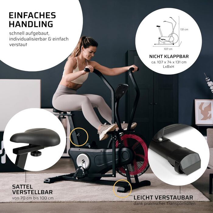 Велотренажер SportPlus Profi Air Bike з повітряним опором, HIIT, до 135 кг, чорний/червоний, сумісний із додатком, домашній фітнес