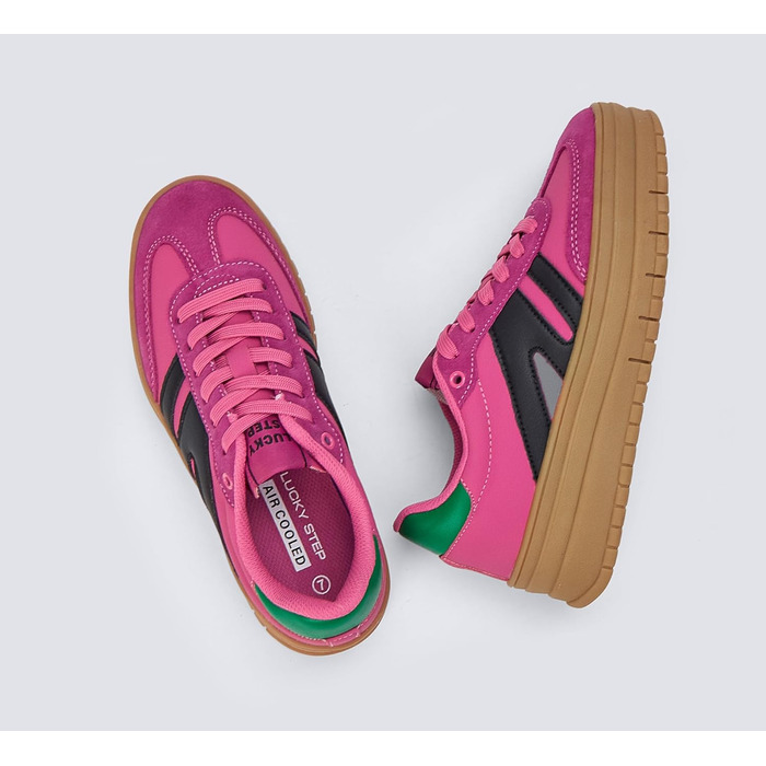 Кросівки LUCKY STEP Plateau Sneaker для жінок - платформа, канвас, ретро стиль, низький профіль, комфортні для повсякденного носіння, бежево-зелені (36 EU, фуксія, чорний)