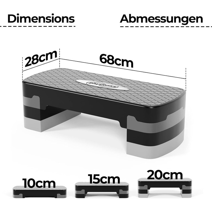 Фітнес степер Physionics® з 3 рівнями (10/15/20 см), регульована висота, антиковзне покриття, до 200 кг - для кардіотренувань вдома