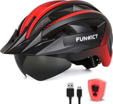 Велосипедний шолом FUNWICT з візором, магнітними окулярами та LED підсвіткою USB, для чоловіків і жінок, легкий, стильний, розмір XL (59-63 см), біло-чорний, чорний-червоний, для MTB
