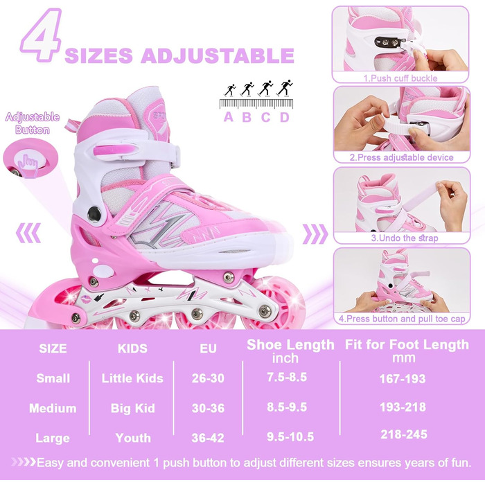 Дитячі ролики-інлайни з підсвічуванням, регульовані, для хлопчиків та дівчаток, рожево-білі, розмір L