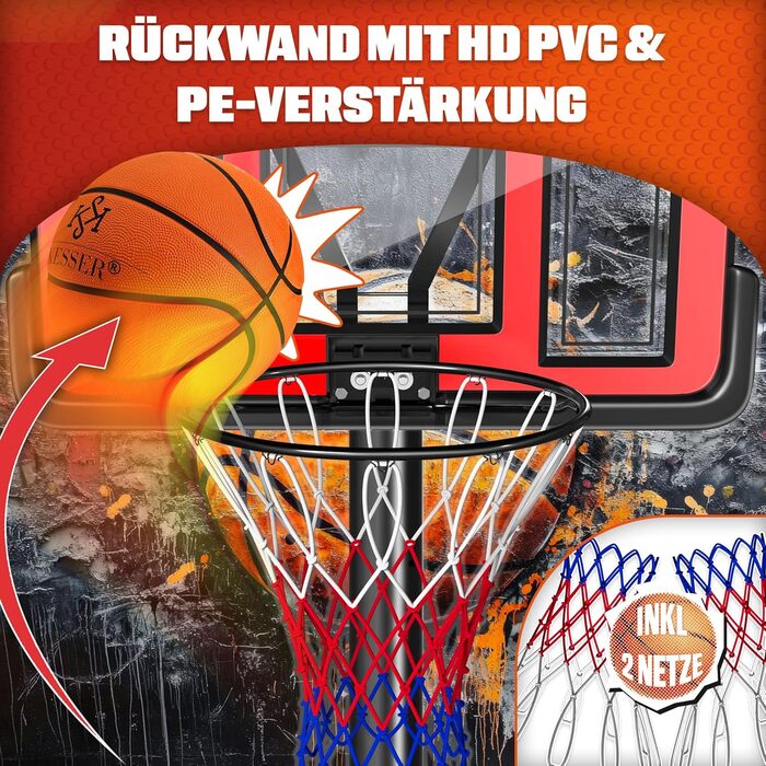 Баскетбольний кошик KESSER® Outdoor зі стійкою та колесами. В комплекті: 2 сітки, м'яч та насос. Регульована висота 230-305 см. Підходить для дітей та дорослих (червоний)