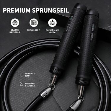 Скакалка з утяжеленням Hererope, 11 мм сталевий трос, металеві ручки, регульована довжина, для тренувань та фітнесу, чорний