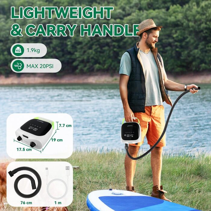 Електрична повітряна помпа з акумулятором 20 PSI, 12V DC, LCD дисплеєм для надувних виробів: SUP, каяк, матрац, намет (зелена)