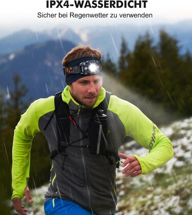 LED налобний ліхтар з акумулятором, [надзвичайно яскравий] з датчиком та червоним світлом, 6 режимів освітлення & IPX4 водонепроникність, 2000mAh, тривалий час роботи, для кемпінгу, риболовлі, походів, нічного бігу