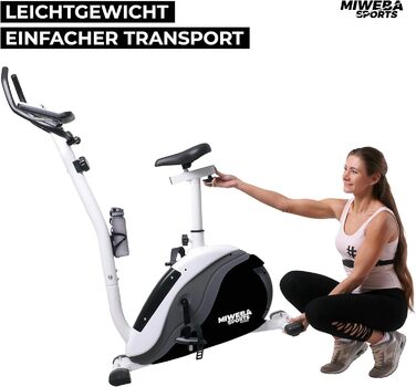 Велотренажер Miweba Sports ME400 з магнітним опором, 12 кг маховик, до 150 кг, LCD-дисплей, керування через додаток, пульсометр, для дому, чорний/білий