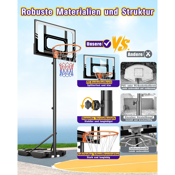 Баскетбольний кошик для вулиці дитячий, 107-213 см, зі стійкою та колесами, регульована висота, ударостійка PC-стінка, сірий. Подарунок для дітей