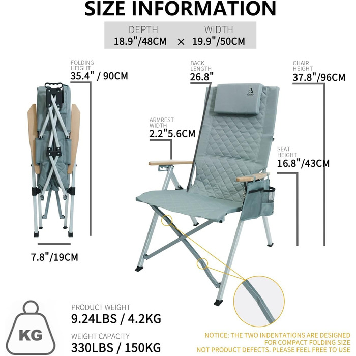 Крісло для кемпінгу складне, з регульованою спинкою в 4 положеннях, до 150 кг, з підстаканником та бічною кишенею, для риболовлі, відпочинку на природі, саду, балкону (Цянь)