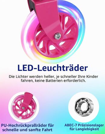 Дитячий самокат BELEEV V1Plus з LED-підсвіткою коліс та деки, складаний, з регулюванням висоти, для дітей 3-12 років (Hot Pink)